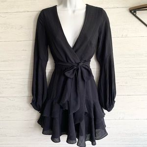 Saints + Secrets Navy Low Cut V-neck Long Sleeve Ruffle Dress